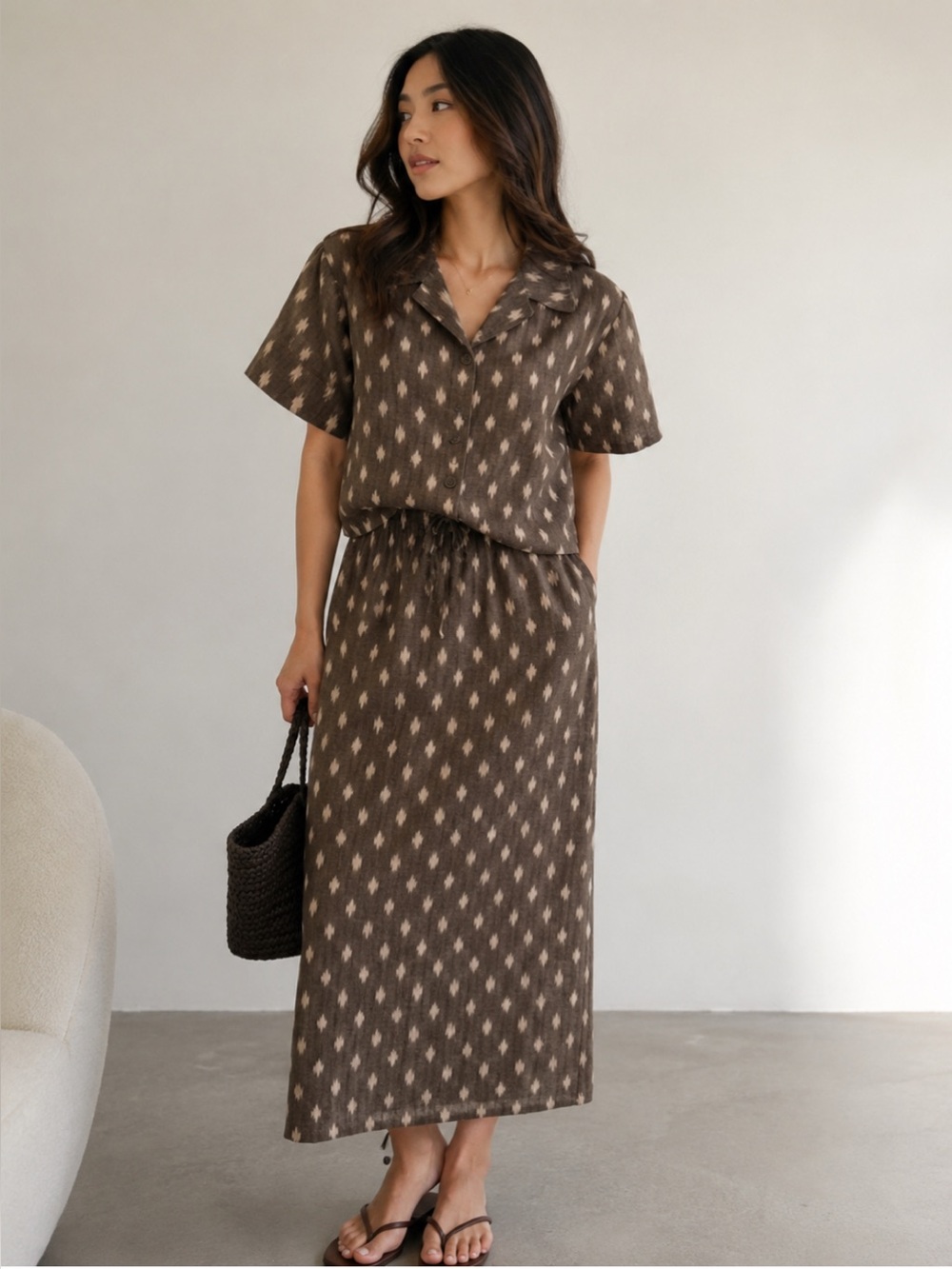 Brown Patterned Two-Piece Skirt Set